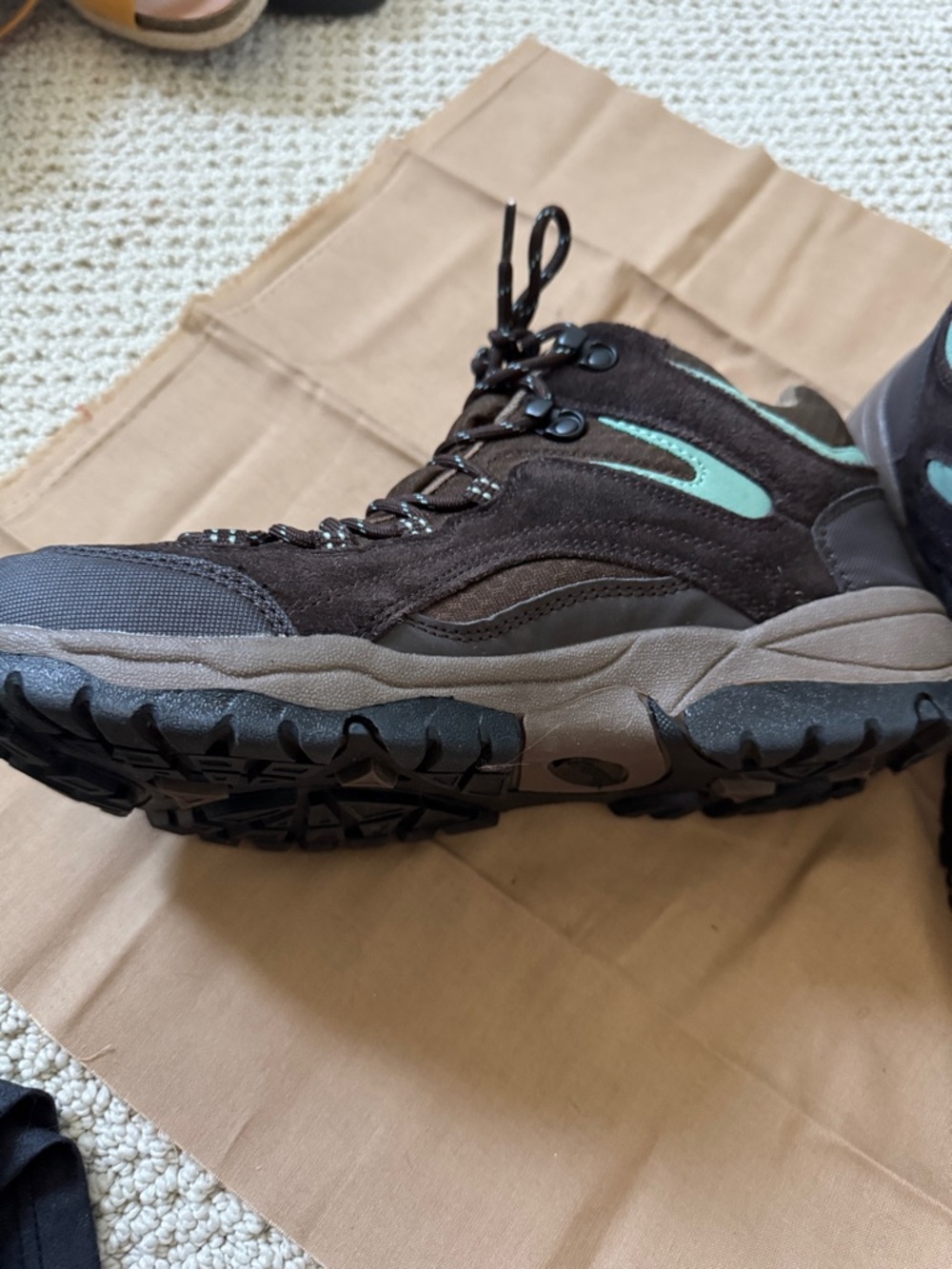 Brown Suede Hiking Boots with Mint Accents - Picture 2 of 4